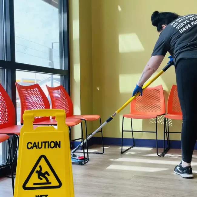premier cleaning janitorial employee mopping floor warning sign