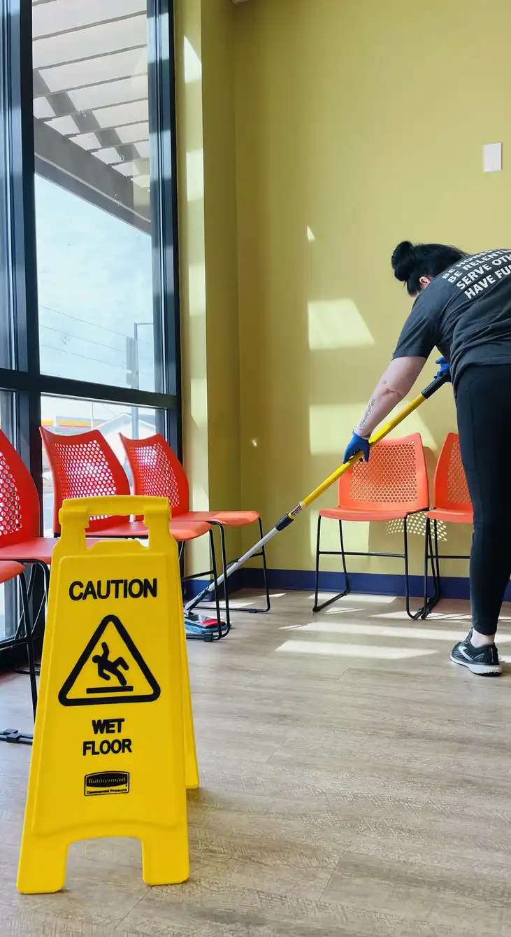 premier cleaning janitorial employee mopping floor warning sign