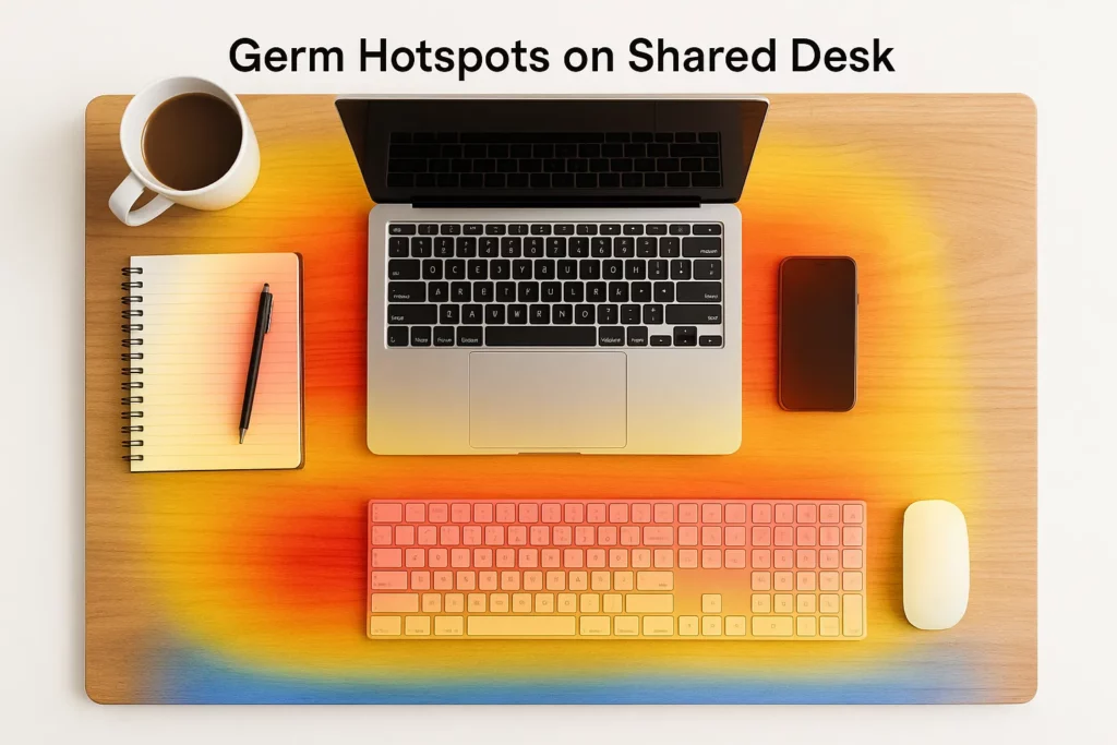 Office germ hotspot diagram showing keyboard, mouse and phone areas