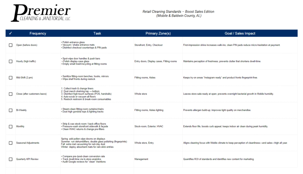 Retail cleaning standards checklist