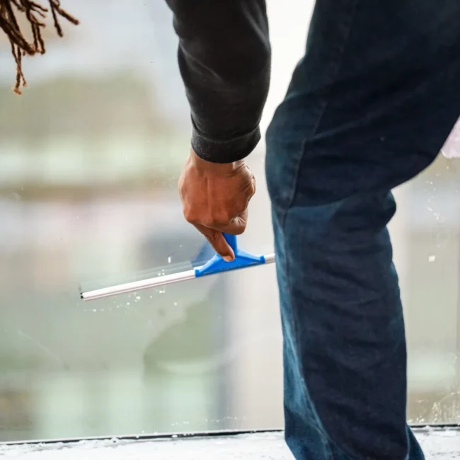 premier janitorial employee Window cleaner using a blue squeegee on a glass pane, viewed close-up; workwear and focused movement convey professional maintenance.