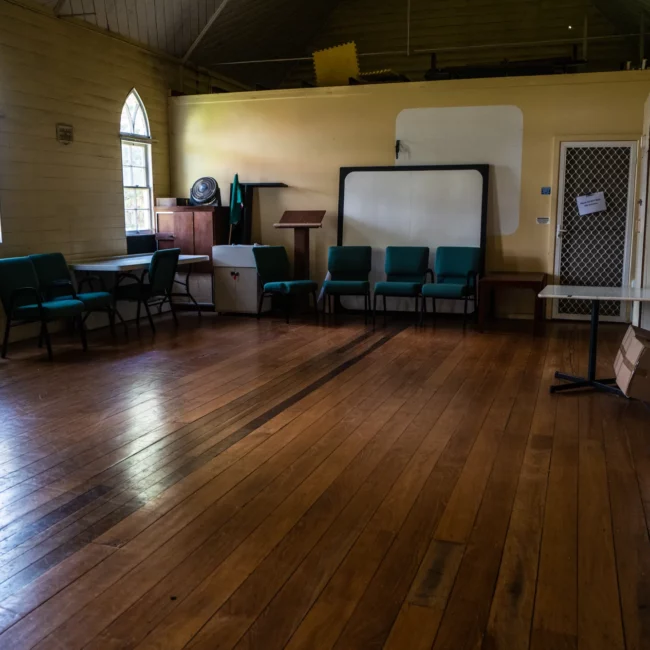 Church fellowship hall with a polished wood floor