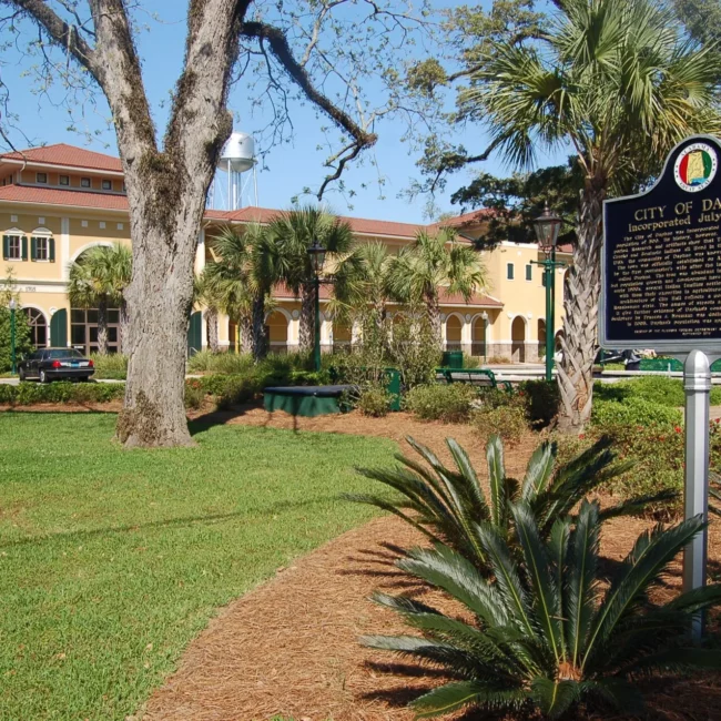 Daphne City Hall and historical marker in Daphne, Alabama