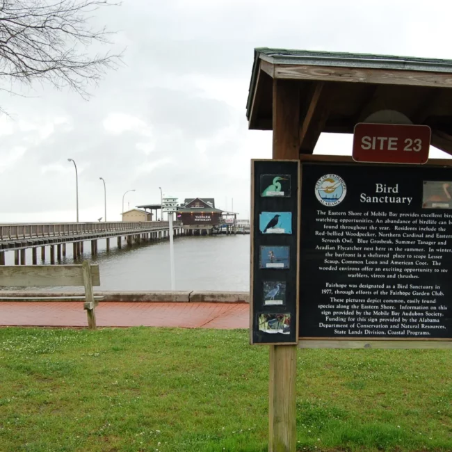 Bird sanctuary sign by the Fairhope Pier on Mobile Bay