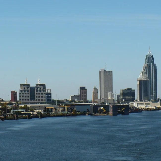 Downtown Mobile, Alabama skyline across the Mobile River